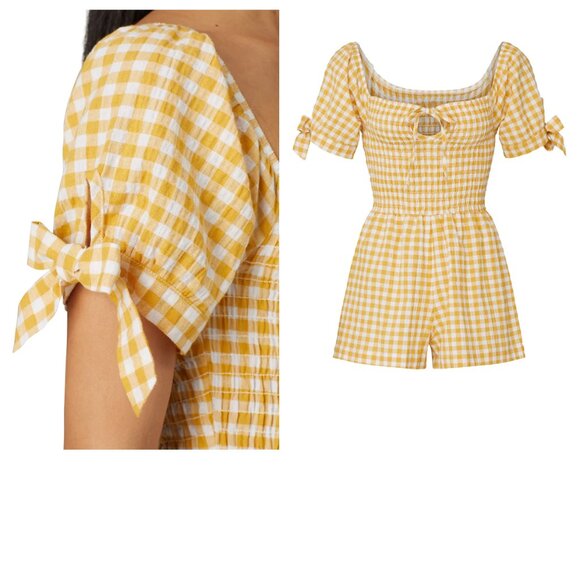 Small - léRumi - Yellow Gingham Sienna Romper Smocked Rent the Runway $128 msrp - Picture 3 of 10